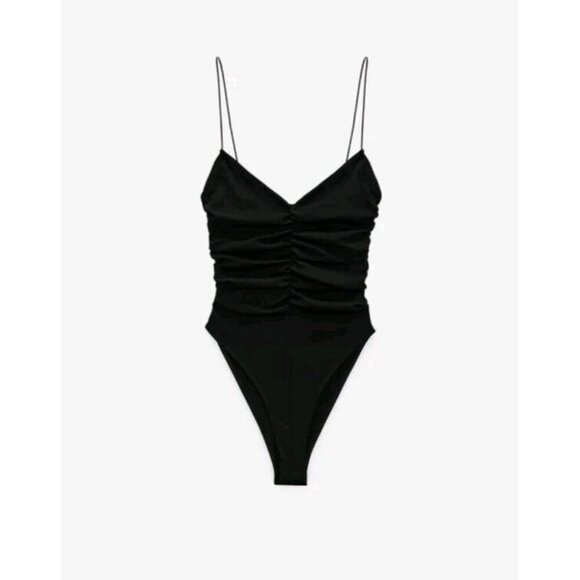 ZARA Body Frunced Black Spaghetti Strap Body Top Size S NWT 4174 320 - Picture 1 of 7
